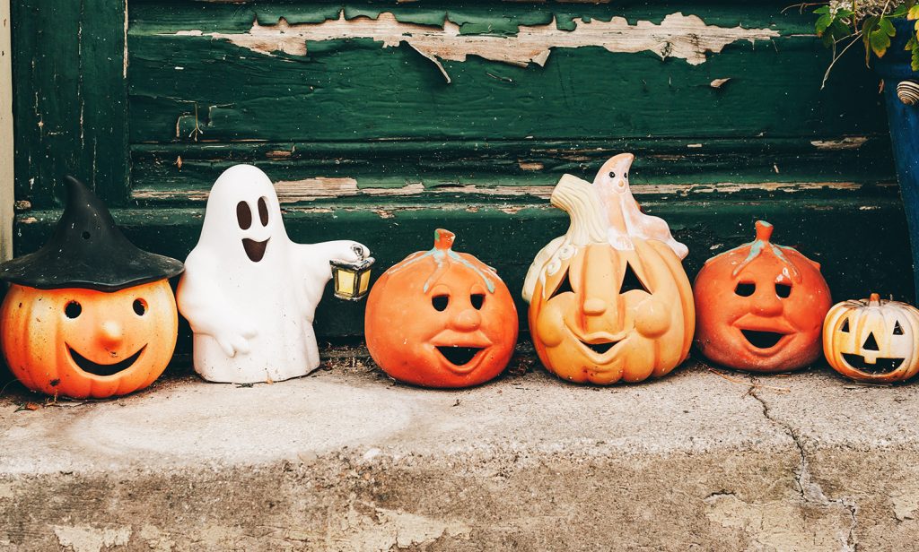 Carved pumpkins and Halloween decorations