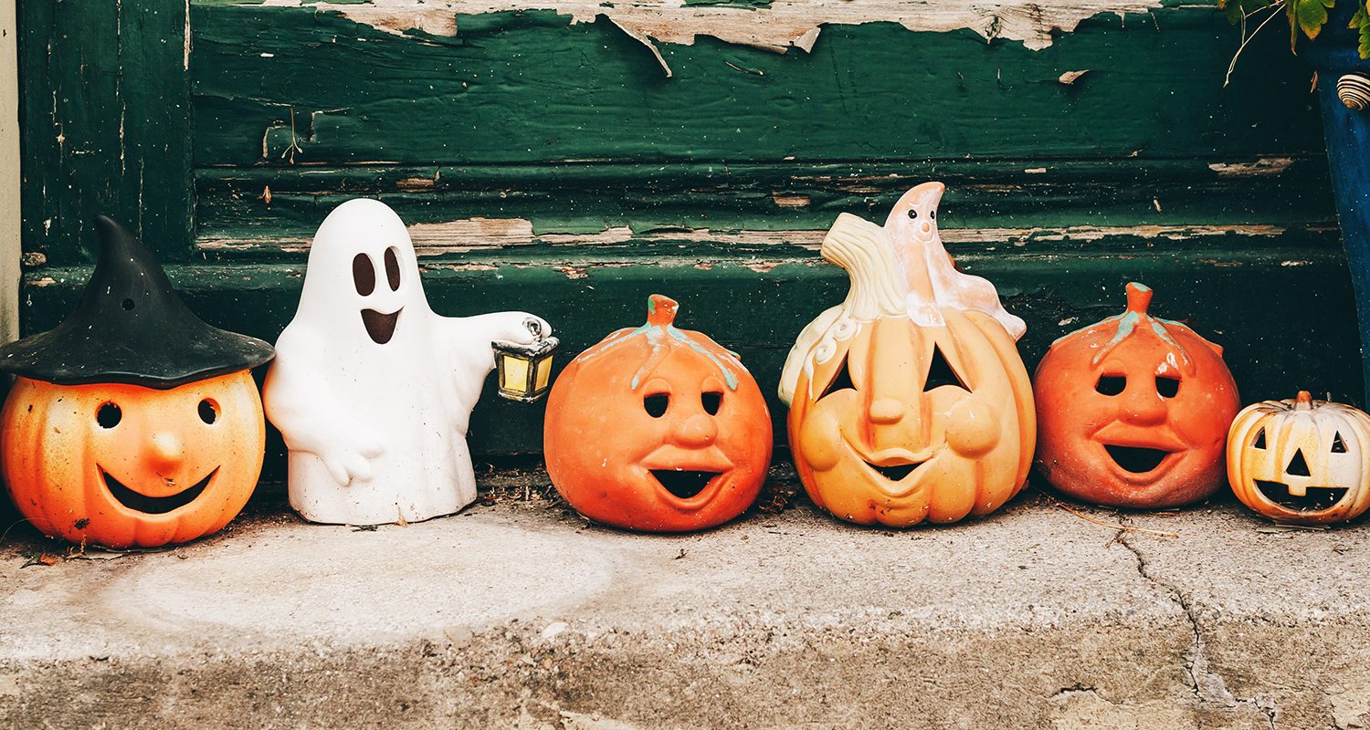 Carved pumpkins and Halloween decorations