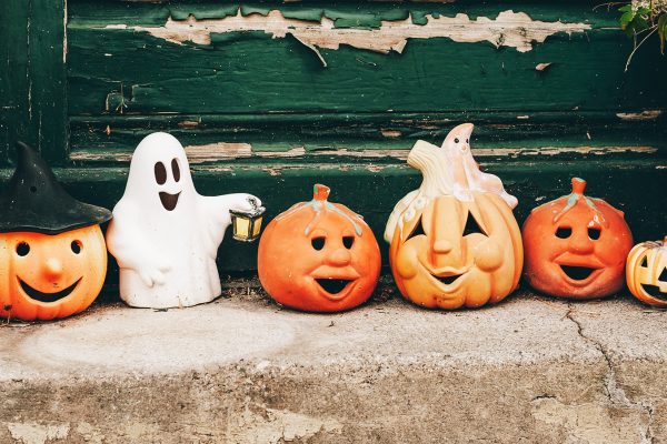 Carved pumpkins and Halloween decorations